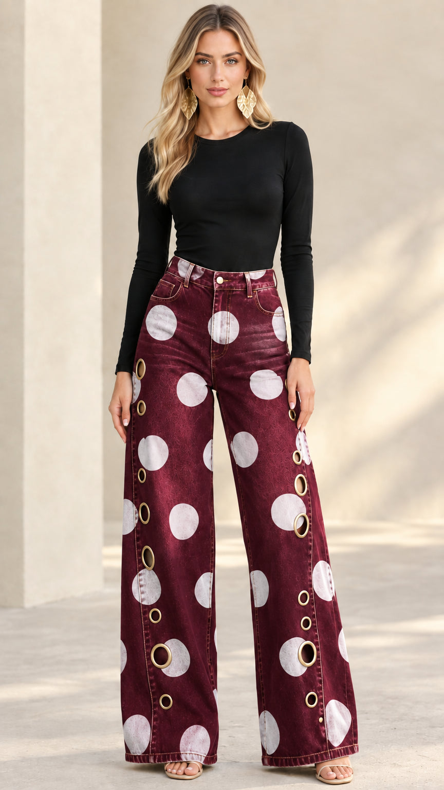 DRESANO - Jeans Donna a Pois Gamba Ampia con Occhielli