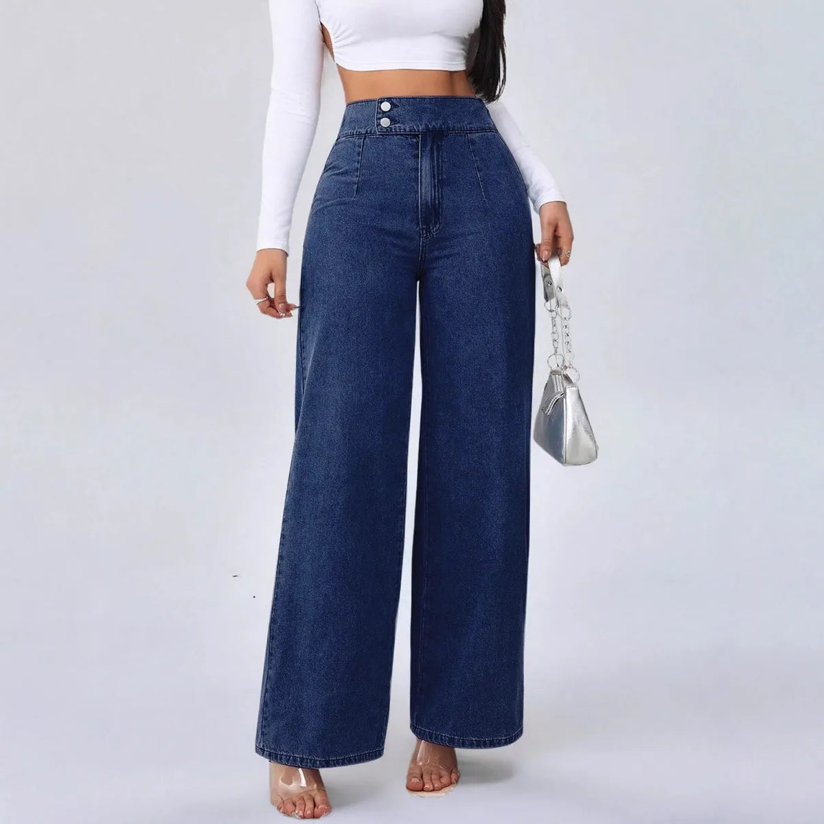 MONFUMO - Jeans wide-leg a vita alta in denim blu