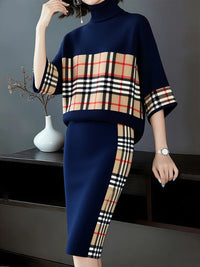 CASPOGGIO - Maglione morbido a quadri blu royal con maniche 3/4