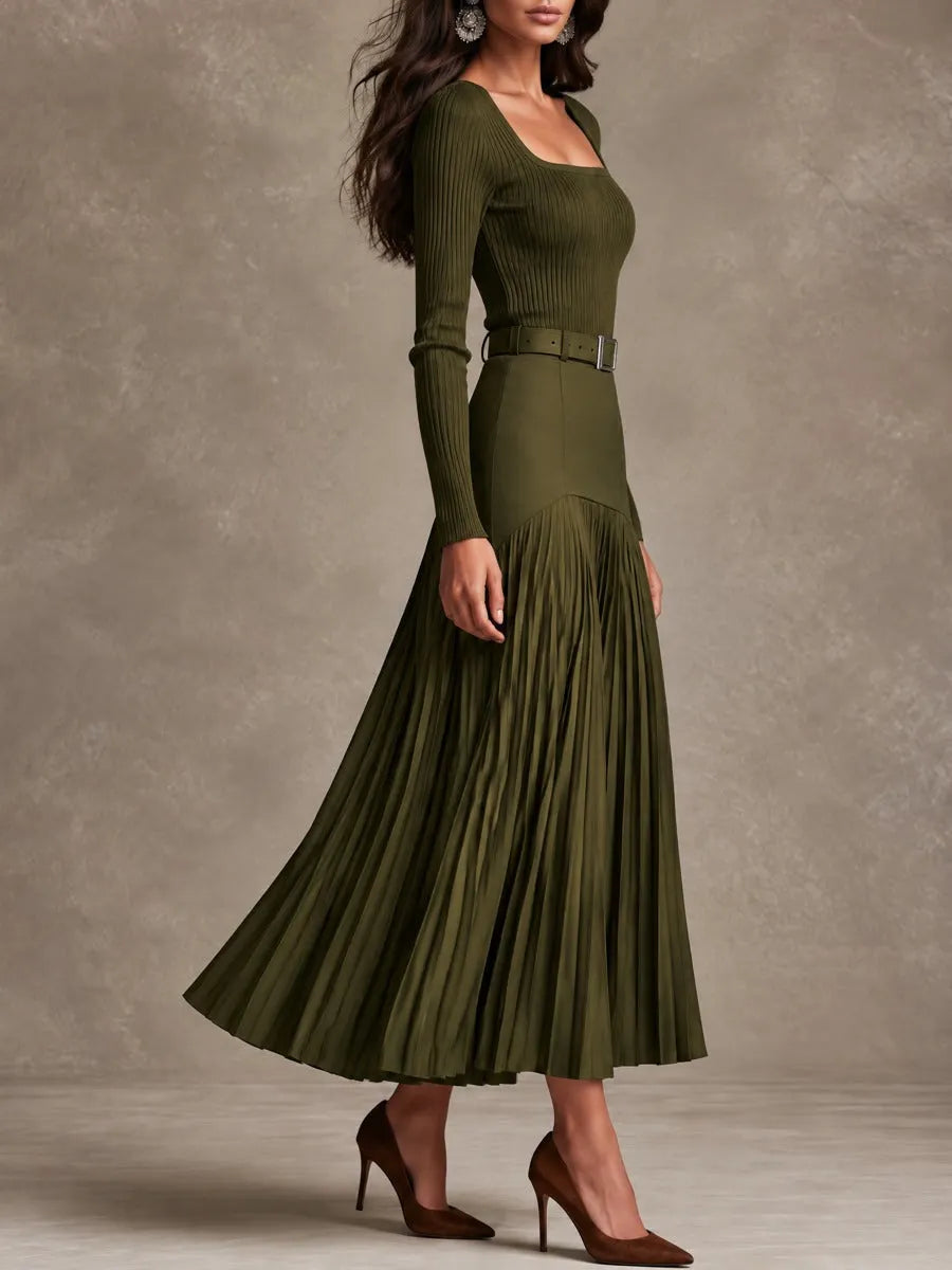SPERLINGA - Set due pezzi verde oliva in maglia a coste con cintura