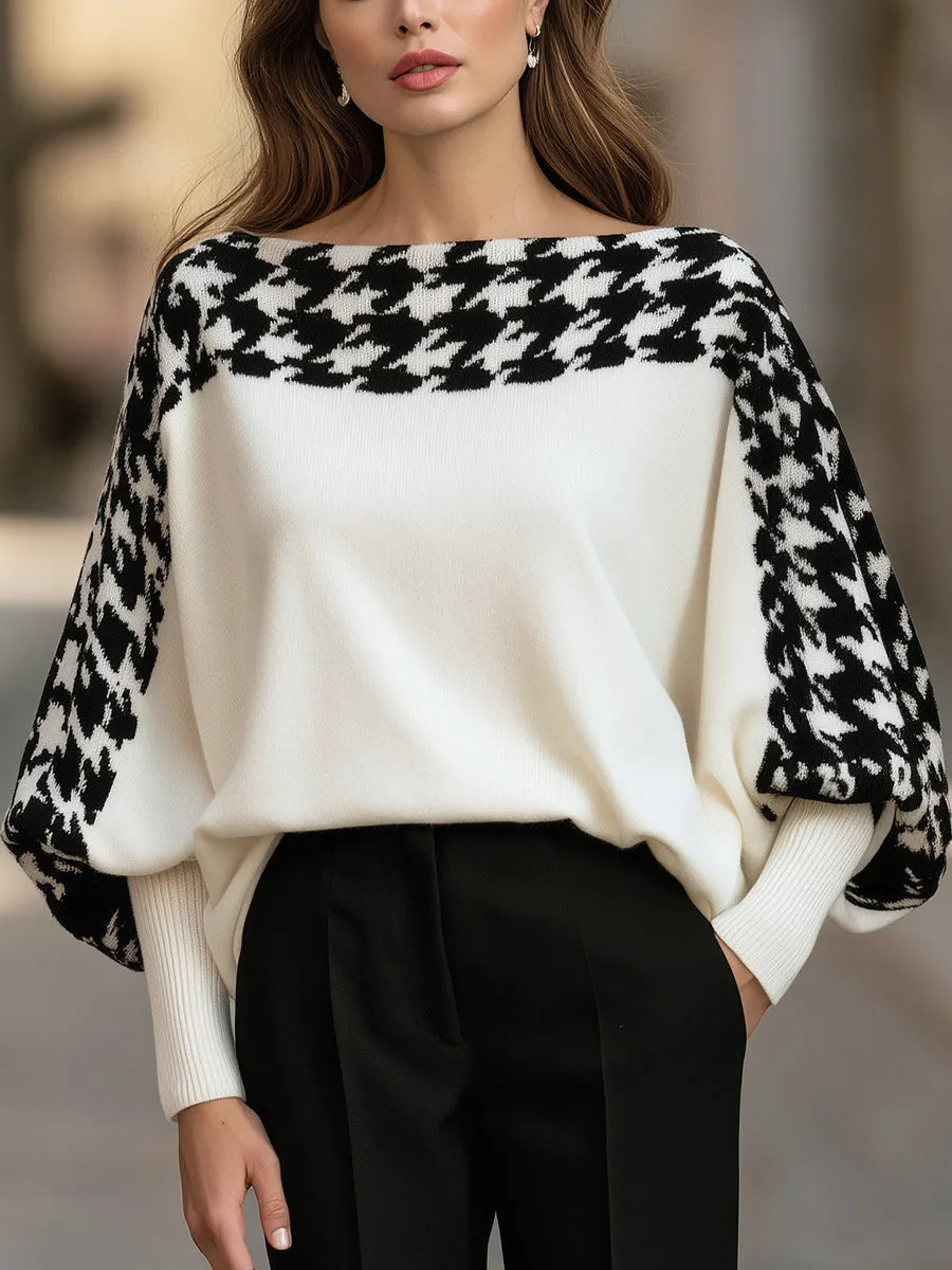 APRICENA - Maglione in maglia bianca con motivo pied de poule a pipistrello