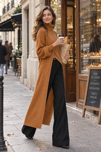 Asymmetrical Layered High-Neck Long Knit Top