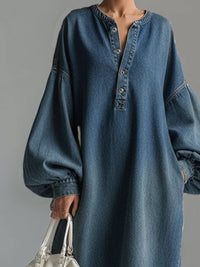 LOIANO - Abito in denim vintage con scollo a V e maniche lanterna