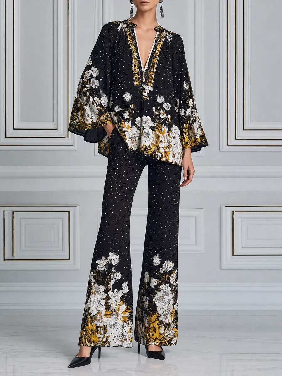 RASURA - Set due pezzi nero floreale con top e pantaloni palazzo