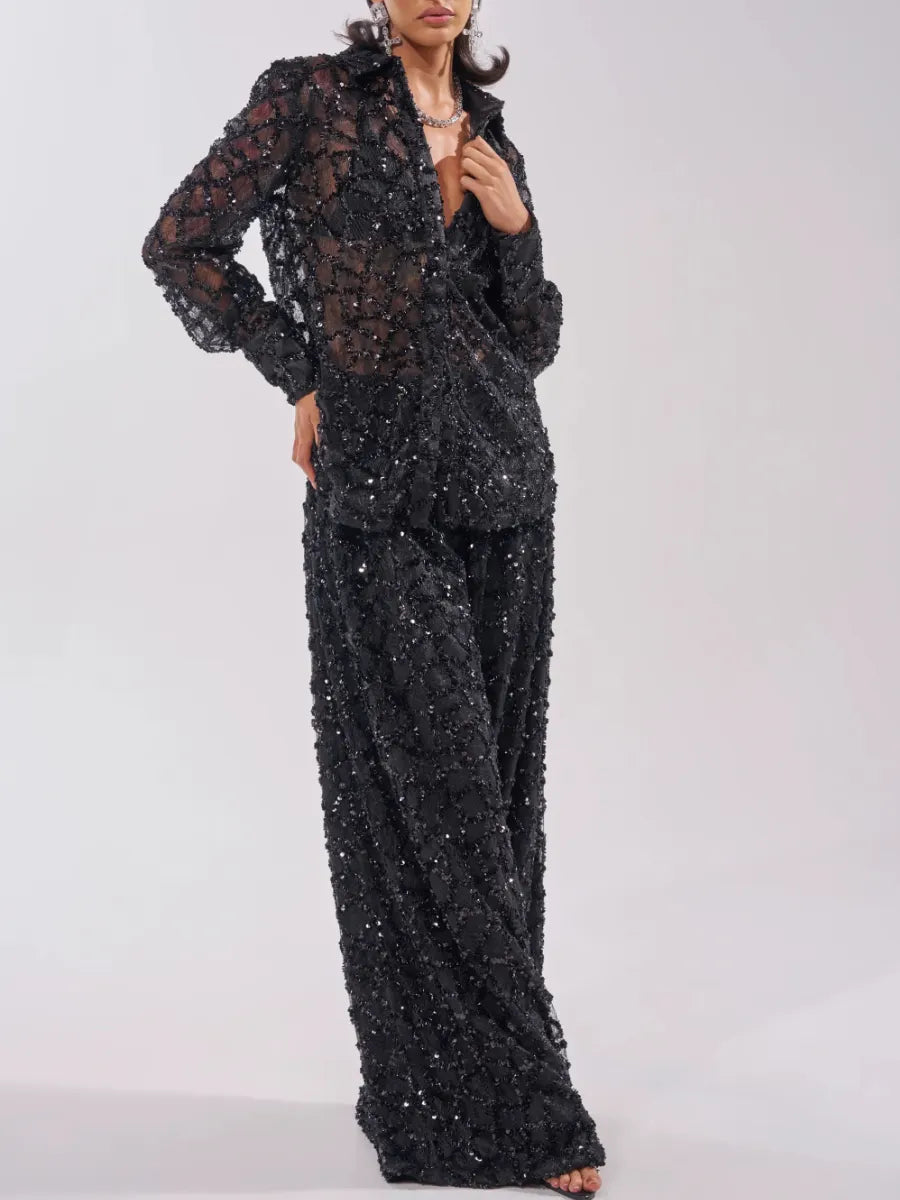 LAGNASCO - Set due pezzi nero con paillettes e pantaloni wide leg