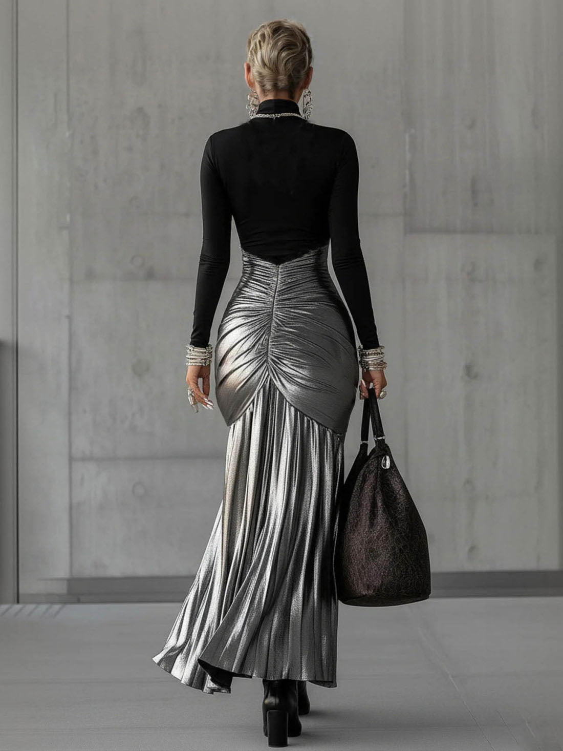 Abito maxi plissettato argento metallico con scollo rotondo elegante