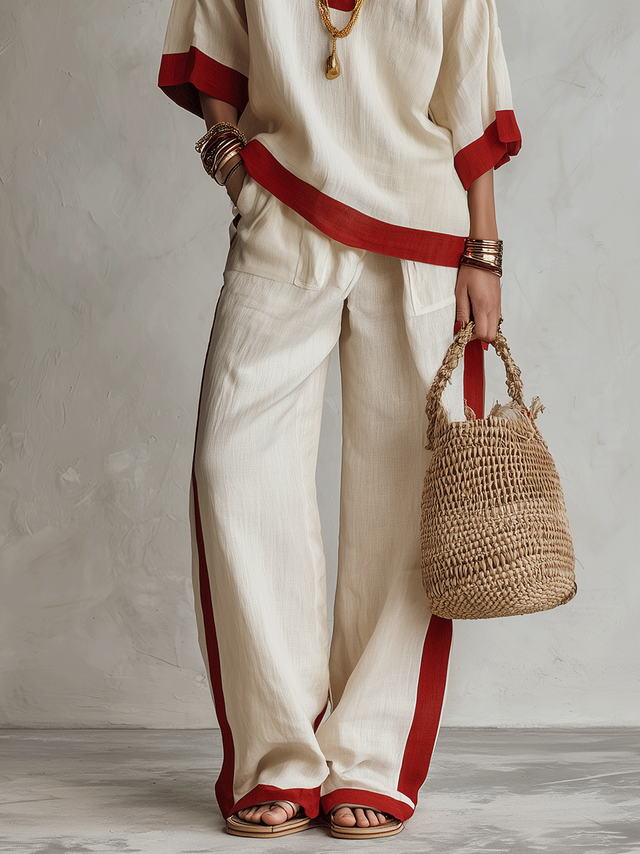 FORMAZZA - Set due pezzi in lino avorio oversize con bordi rossi