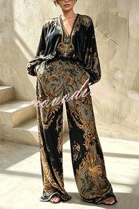 TUSCANIA - Set due pezzi nero blusa barocca e pantaloni palazzo