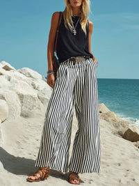 CIGOGNOLA - Set Pantaloni in Cotone-Lino Nero e Bianco a Righe Verticali