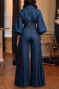 TROVO - Giacca denim corta a maniche a sbuffo o jeans wide leg