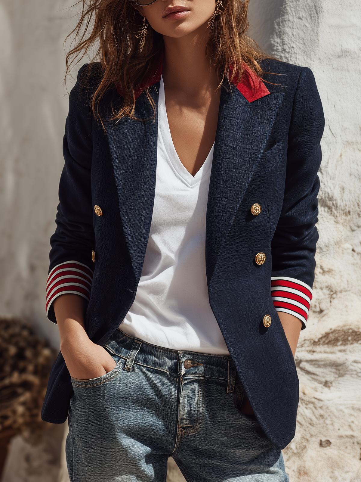 LARIANO - Blazer doppiopetto in misto cotone blu navy