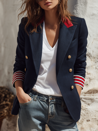 LARIANO - Blazer doppiopetto in misto cotone blu navy