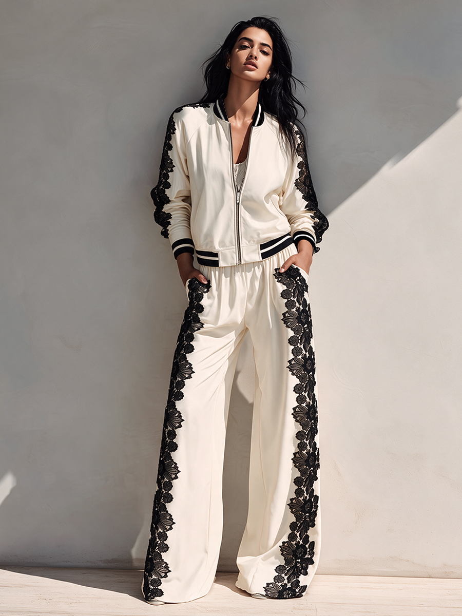 CLETO - Set bianco con top corto e pantaloni ampi in pizzo