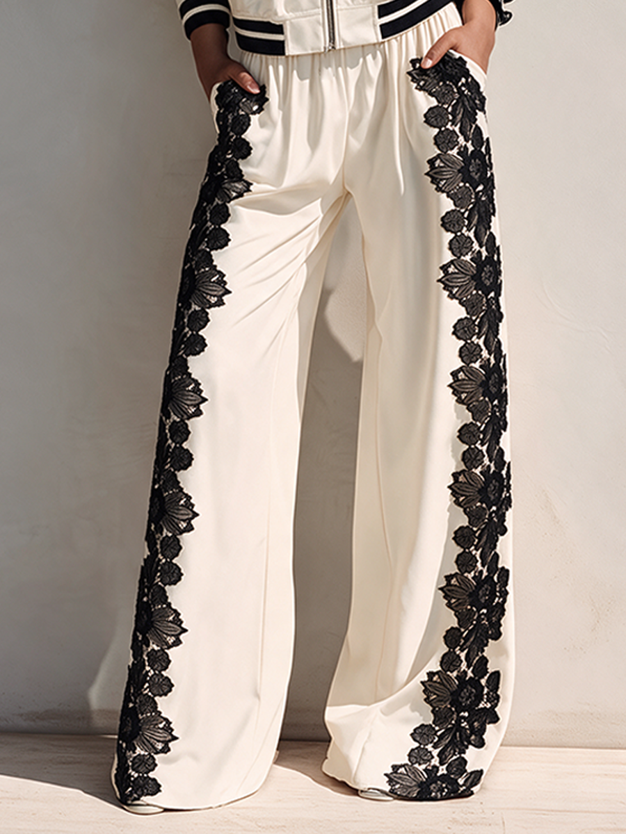 CLETO - Set bianco con top corto e pantaloni ampi in pizzo