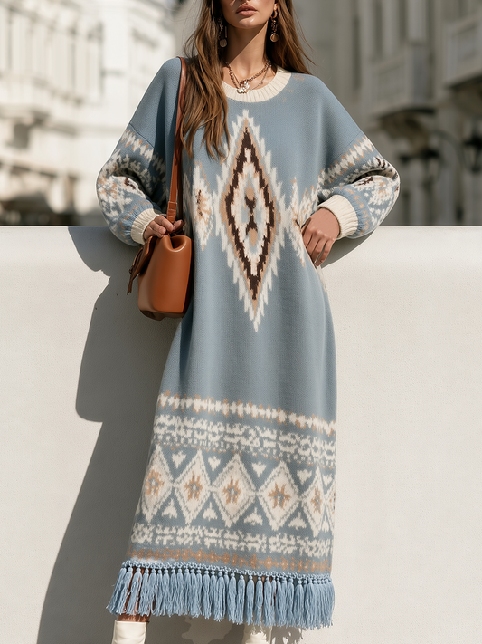 ILARIA - Abito Maxi Blu Jacquard