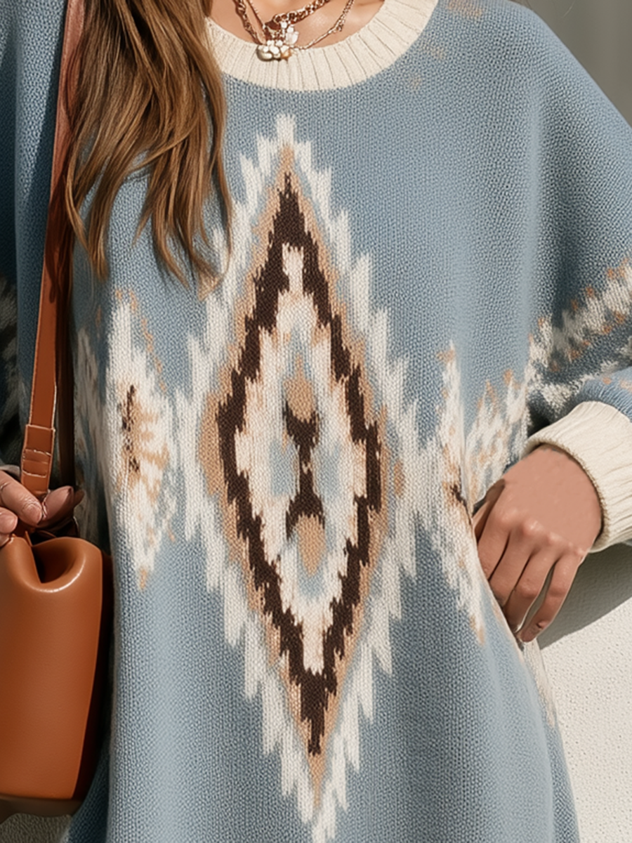 PETTENASCO - Abito maxi blu in maglia jacquard Fair Isle