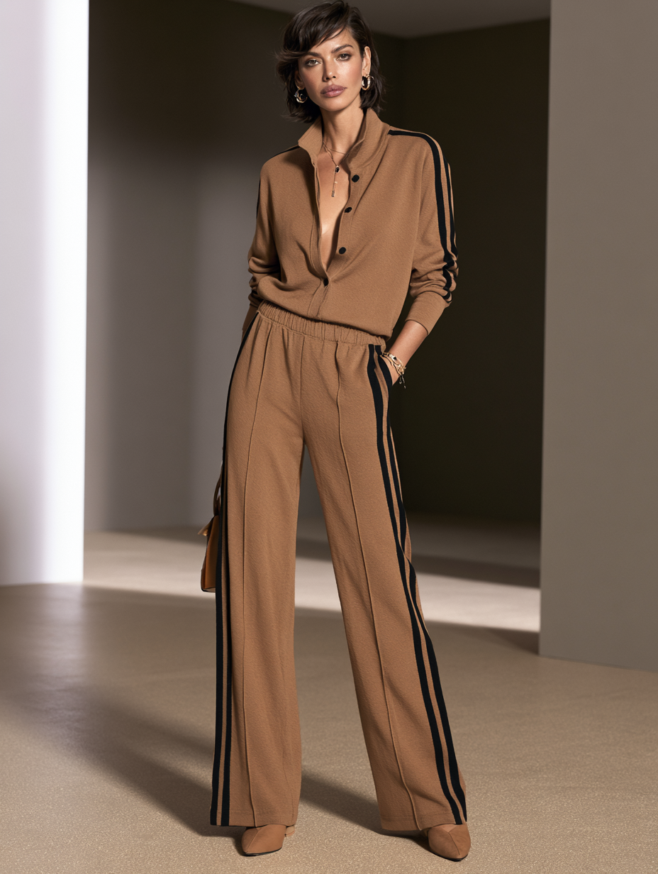 SABINA - Set casual color cammello a righe, pantaloni wide-leg