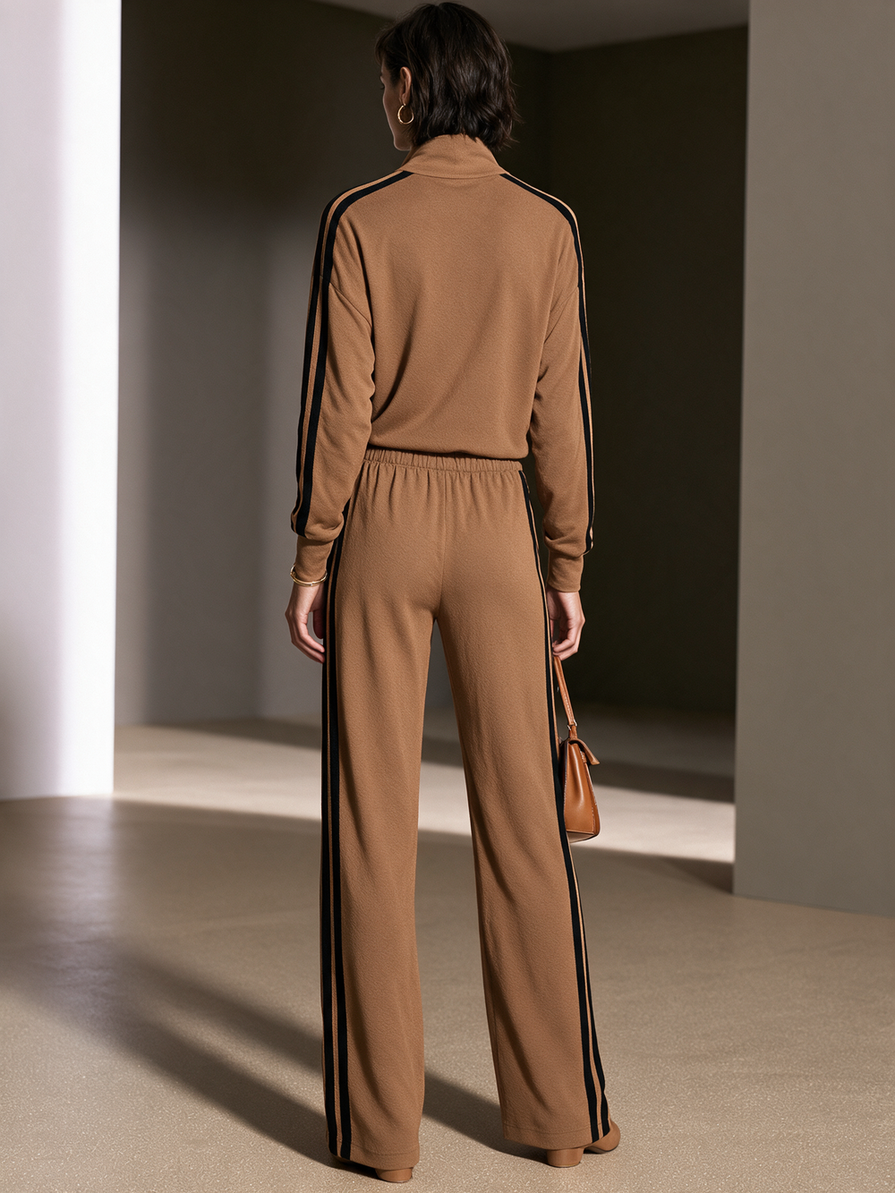 SABINA - Set casual color cammello a righe, pantaloni wide-leg