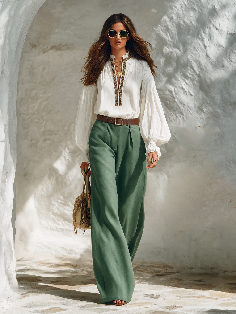 ESINE - Set due pezzi con top lanterna e pantaloni scollo a V
