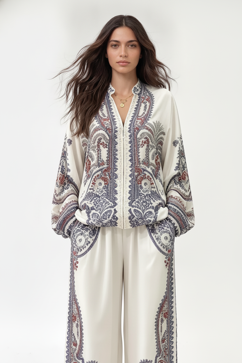 TAIPEI - Camicia bianca a maniche lunghe con stampa paisley e zip