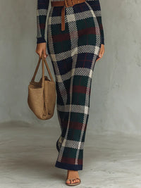 Women's Minimalist Check Knit Belted Square Neck Maxi Dress MDA2984J0Y