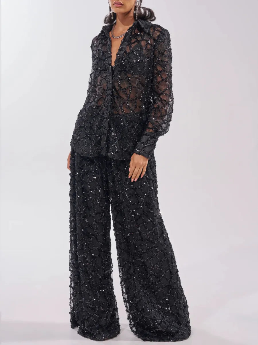LAGNASCO - Set due pezzi nero con paillettes e pantaloni wide leg