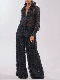 LAGNASCO - Set due pezzi nero con paillettes e pantaloni wide leg
