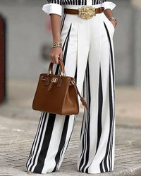 BRUSCIANO - Pantaloni palazzo a vita alta rigati eleganti