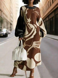 Women's Vintage Abstract Art Print Crew Neck Healthy Knitted Maxi Dress