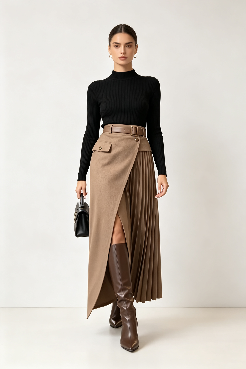 VOLTURINO - Gonna maxi khaki a portafoglio plissettata con cintura