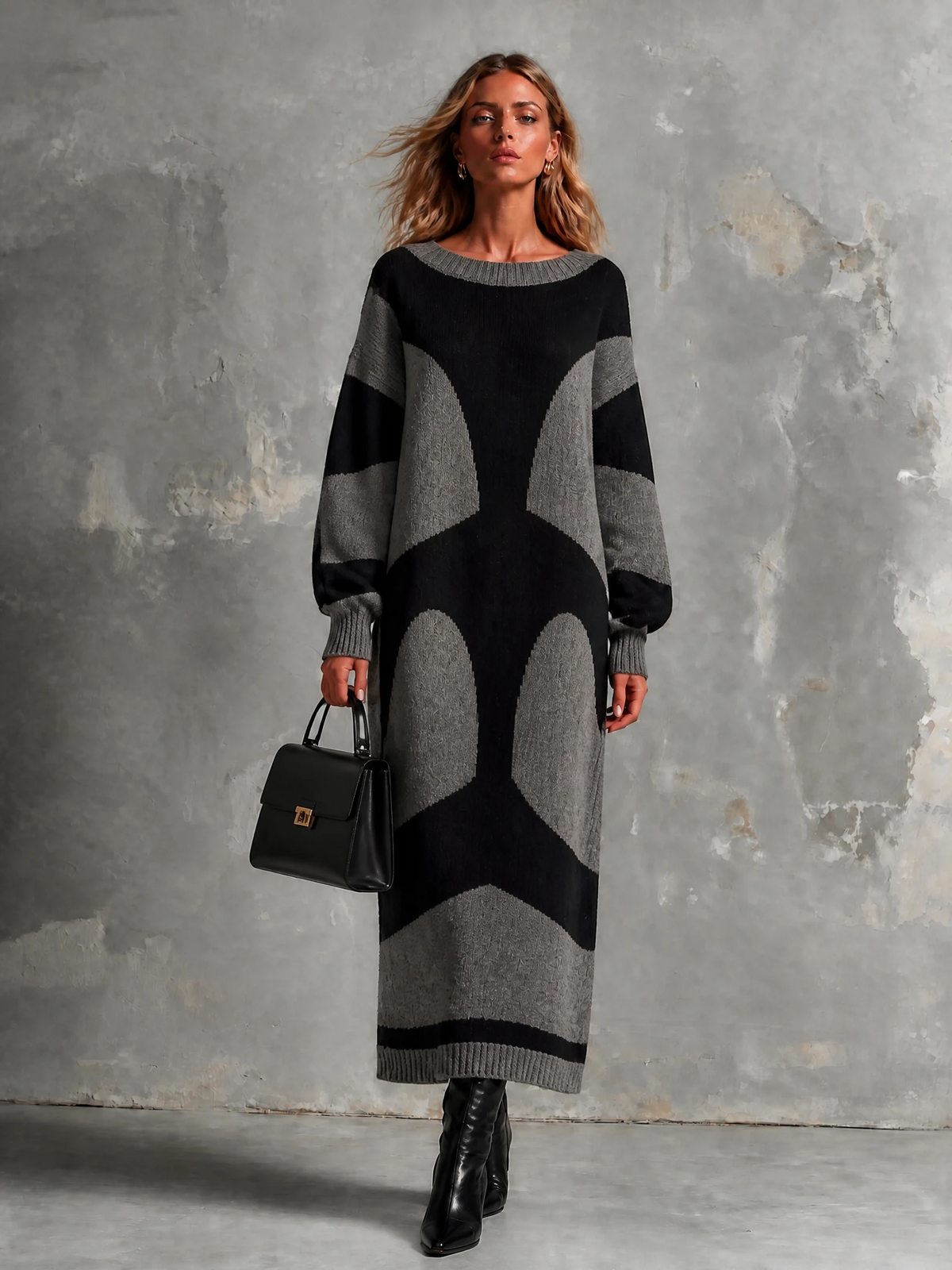 Elegant Heather Grey-Black Colorblock Round-Neck Long-Sleeve Loose-Fit Knit Maxi Dress