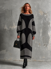 Elegant Heather Grey-Black Colorblock Round-Neck Long-Sleeve Loose-Fit Knit Maxi Dress