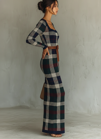 Women's Minimalist Check Knit Belted Square Neck Maxi Dress MDA2984J0Y