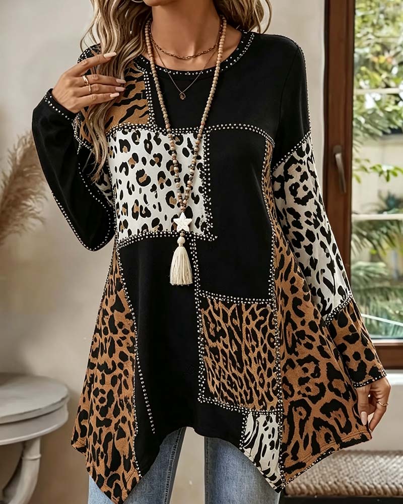 SEFRO - Camicetta patchwork leopardata dal design irregolare