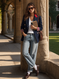 LARIANO - Blazer doppiopetto in misto cotone blu navy