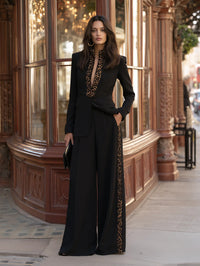 EUROPA - Tailleur nero blazer e pantaloni ampi con bordo leopardato