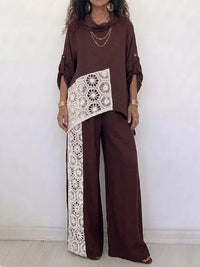ZINASCO - Set due pezzi cotone e lino marrone con scollo in pizzo