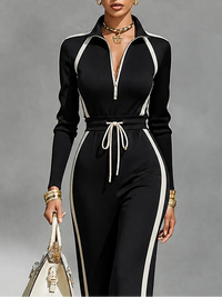 TOLLO - Completo nero con righe, collo half zip e pantaloni wide leg
