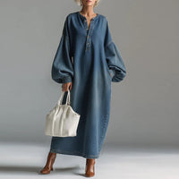 LOIANO - Abito in denim vintage con scollo a V e maniche lanterna