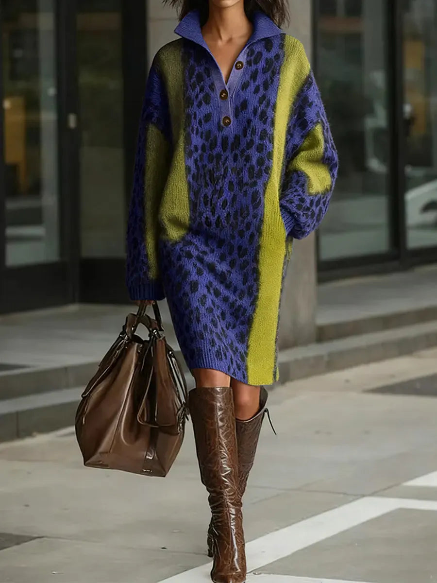 CARRO - Abito morbido in maglia animalier con revers e maniche lunghe
