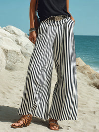 CIGOGNOLA - Set Pantaloni in Cotone-Lino Nero e Bianco a Righe Verticali