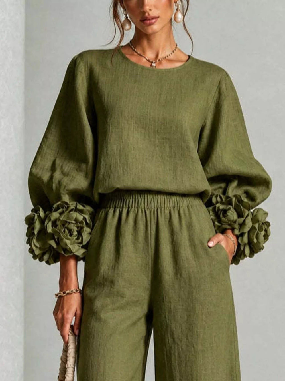 RIBERA - Completo floreale top e pantaloni wide leg plus size