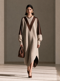 Women's Round-Neck Leather-Panel Drop-Shoulder Long-Sleeve Asymmetric-Hem Wool Maxi Dress MDZ3103H5CMX