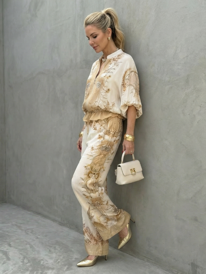 COLMURANO - Set due pezzi bianco con blusa zip e pantaloni stampati