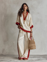 FORMAZZA - Set due pezzi in lino avorio oversize con bordi rossi