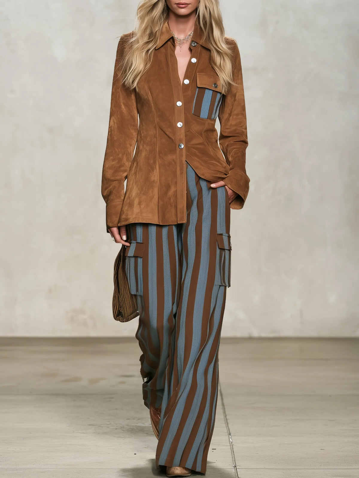 ROTONDELLA - Set due pezzi marrone effetto camoscio con pantaloni a righe verticali