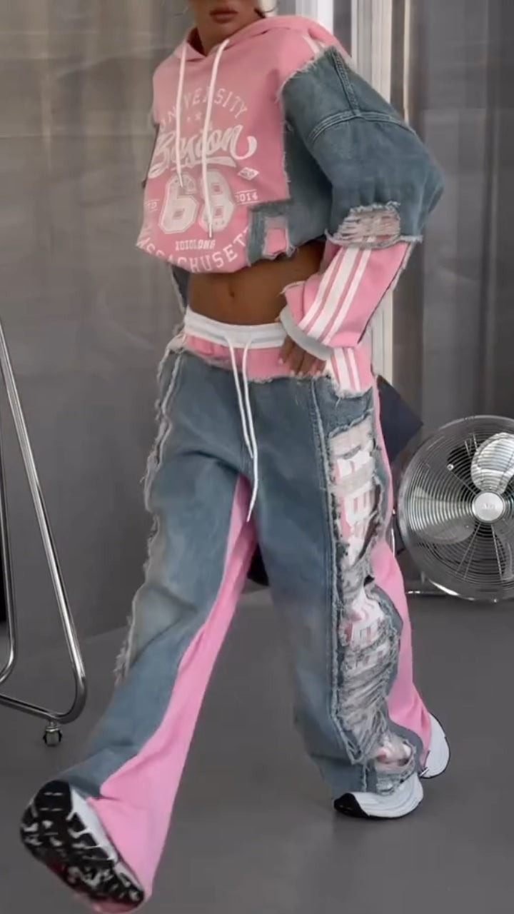 BIBBONA - Completo rosa con hoodie patchwork e jeans wide leg