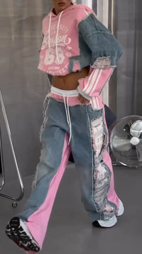 BIBBONA - Completo rosa con hoodie patchwork e jeans wide leg