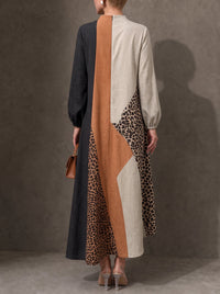 PICCIANO - Abito maxi leopardato con zip e maniche lunghe a contrasto