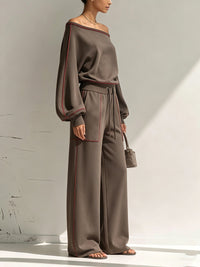 FONTE - Completo marrone asimmetrico con pantaloni wide leg